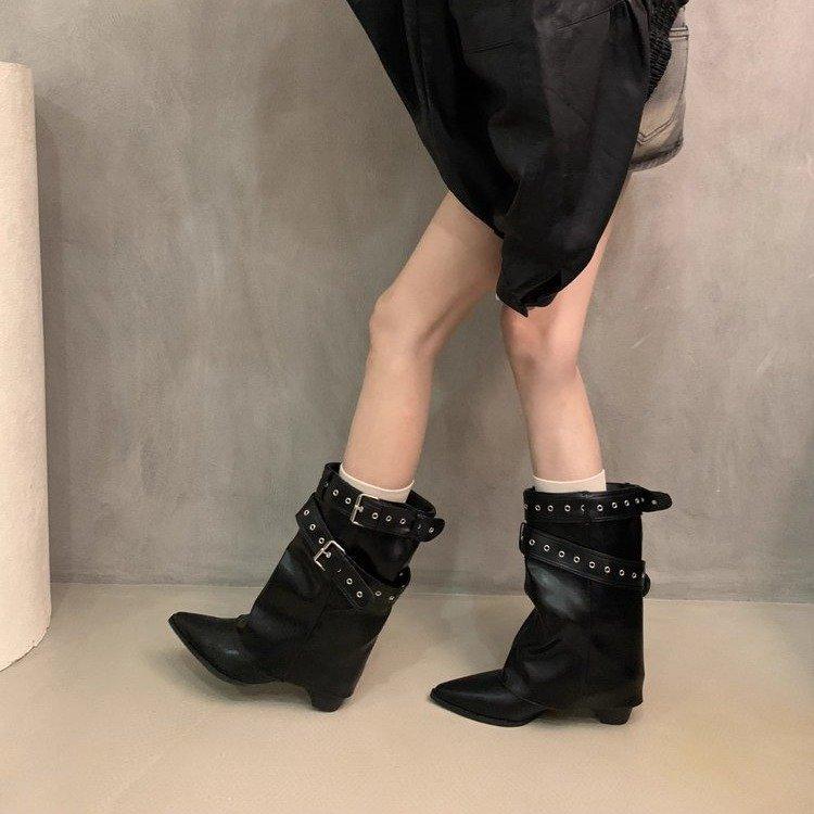 Cowhide Version~ Thick Heel Inner Height-increasing Short Boots for Women's New Pointed Two-wear Tube Pants Tube Boots Western Knight Boots
