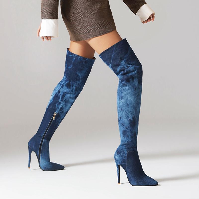 New Blue Denim Over The Knee High Boots Pointed Toe Stiletto High Heels Zipper Long Boots Women's Autumn Winter Shoes Footwear