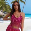 Women Sexy Sparkling Sequin Fringe Halter Top Sleeveless Belly Dance Nightclub Performance Bra Shiny Bronzing Vest
