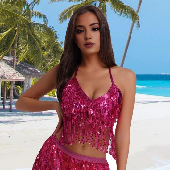 Women Sexy Sparkling Sequin Fringe Halter Top Sleeveless Belly Dance Nightclub Performance Bra Shiny Bronzing Vest