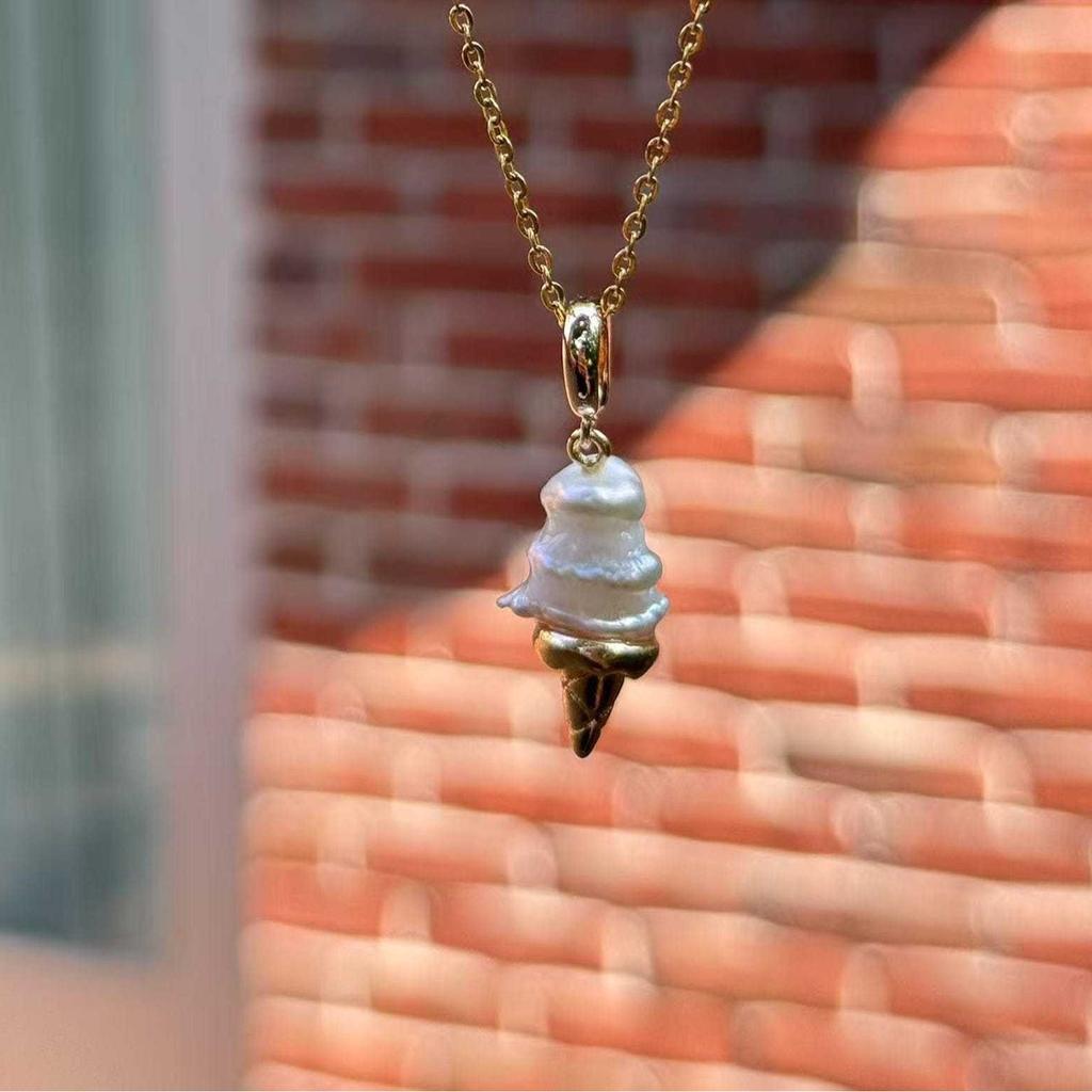 Ice Cream Shape Necklace Imitation Pearl Diamond Sparkling Collarbone Chain Temperament Simple Jewelry Women