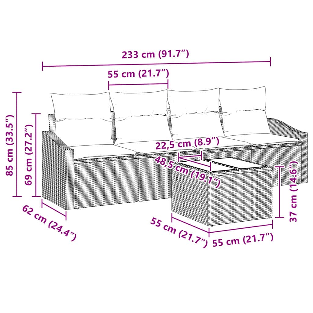 5 Piece Grey Poly Rattan Sofa Set with Cushions