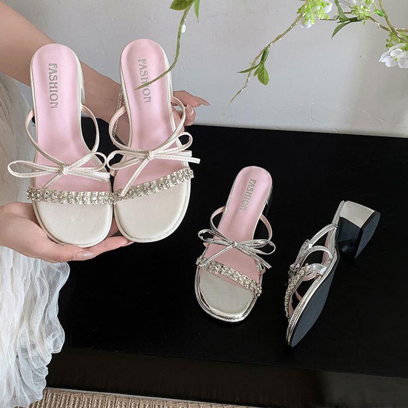 Silver sandals woman 2025 new summer bow French fairy wind cool slippers thick heels high heels