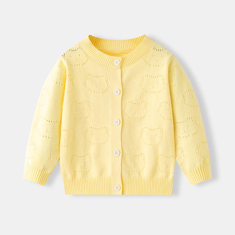 2026 Girls' Baby Bear Hollow Knit Cotton Cardigan: Spring/Summer, Lightweight, Long Sleeve, Airy Knit