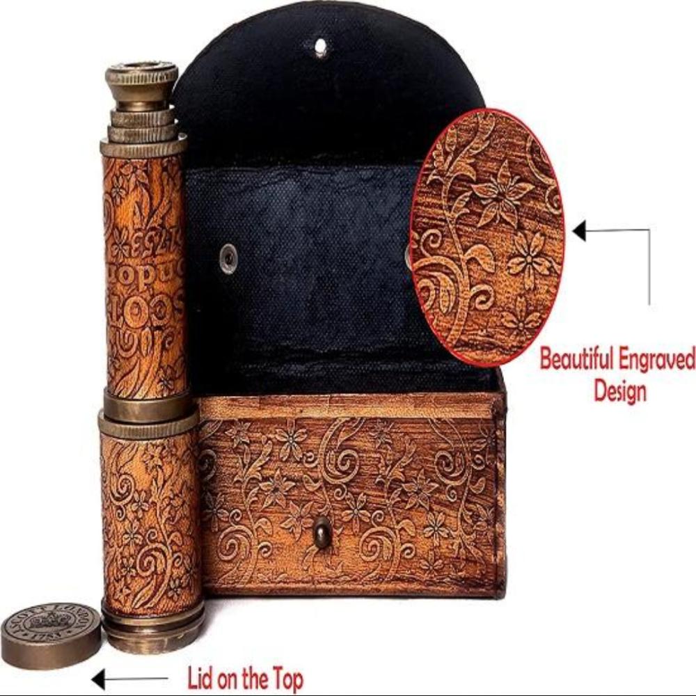 Brass Engraved Telescope - 40.64 Cm with Stamped Leather Case