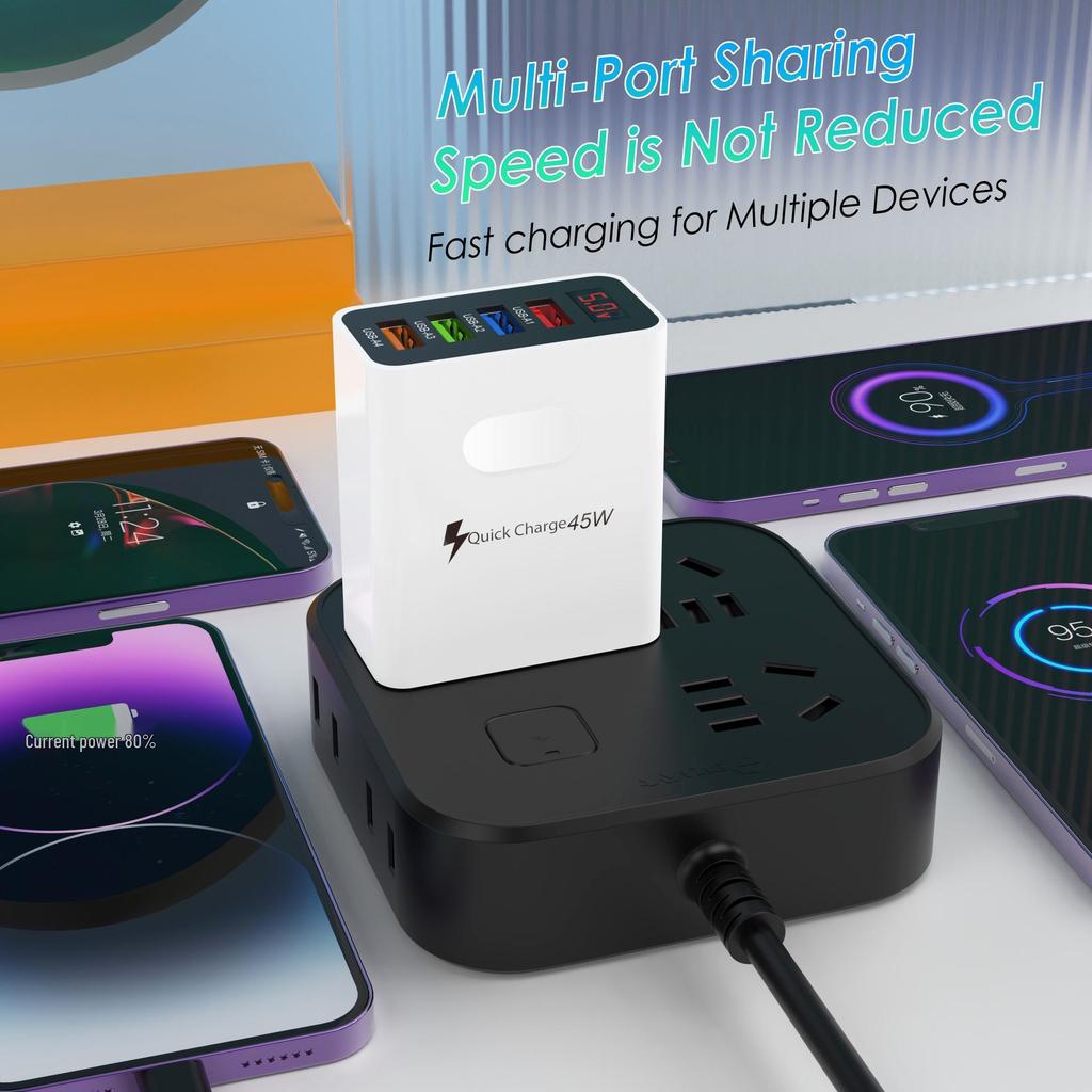 45W Multi-Port USB Charger with Digital Display - 3.1A, EU/US/UK Plug