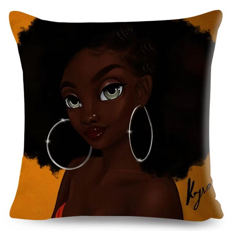 1Pc Elegant Black Girl Art Pillow Cover 2D Double-Sided Polyester Decor African Melanin Cushion Cover For Home Sofa Bedroom Gift