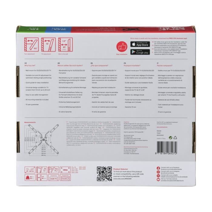 ONE FOR ALL WM2441 Support Mural Inclinable Et Orientable À 90° Pour TV De 33 À 165cm (13-65")
