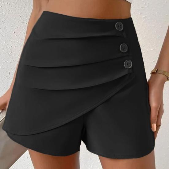 Sommer-Shorts für Damen, hohe Taille, asymmetrischer Plissee-Knopf-Dekor, einfarbig, schmale Passform, weiche Bauchkontrolle, über dem Knie liegende Mini-Shorts