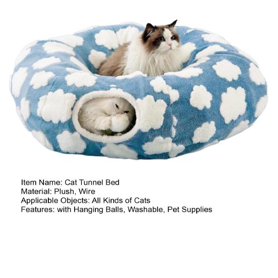 Plush Cat Tunnel Bed with Hanging Balls Washable Indoor Kittens Donut Tunnel Toy Small Large Cats Pets Round Peekaboo Cave Play Tunnel Pet Supplies