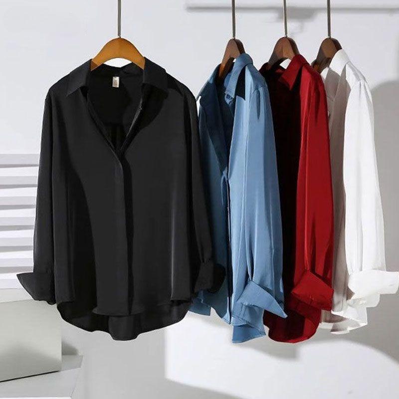 White Satin Shirt Loose Fit Spring Autumn Black Blouse Fashionable Design High Quality Comfortable Stylish Top