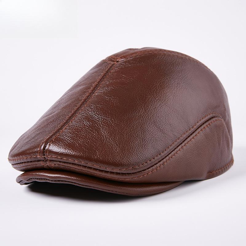 Men Genuine Cowhide Leather Flat Cap Vintage Ivy Driving Cap Gatsby Newsboy Beret Hat Autumn Winter Warm Cabbie Duckbill Cap
