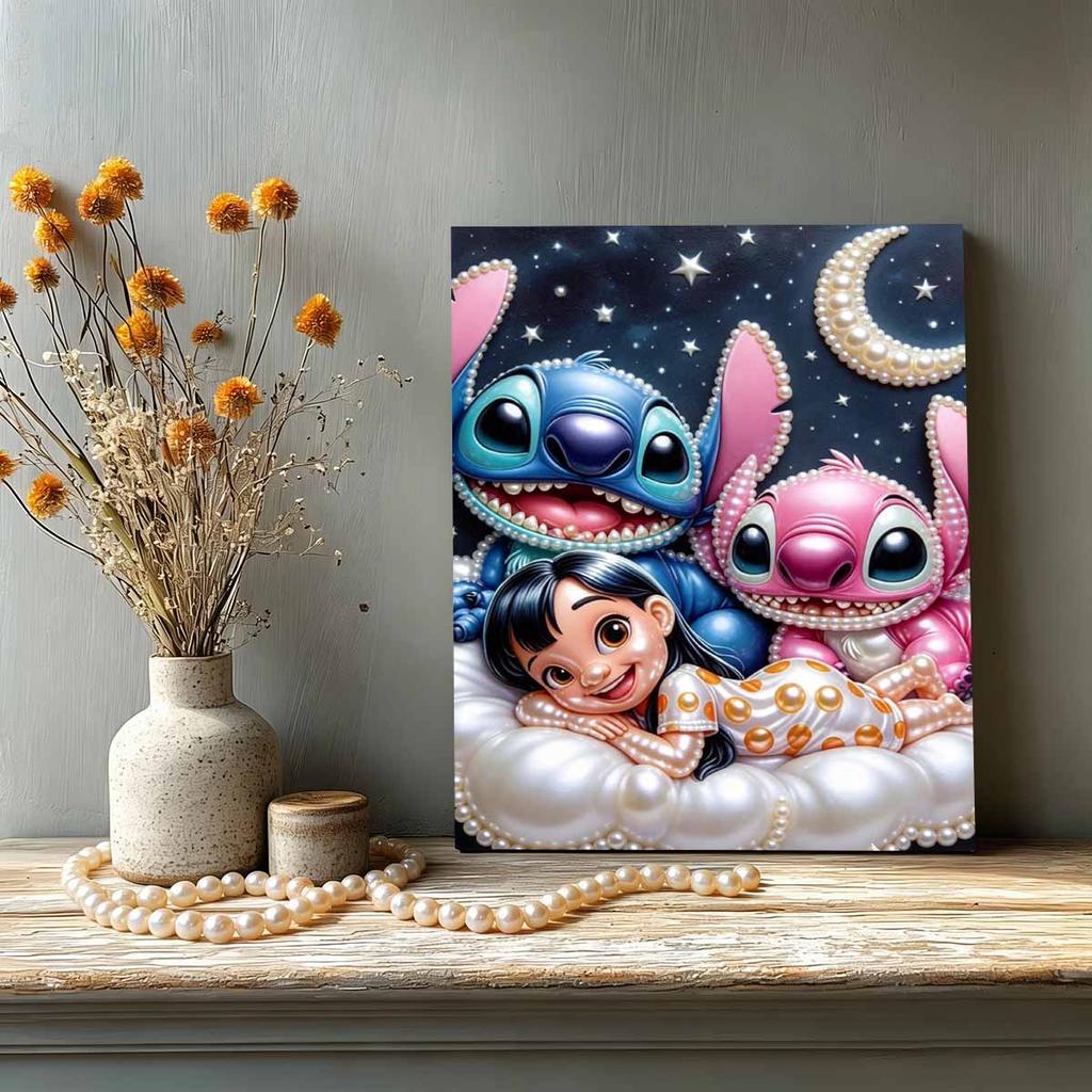Starry Cloud Lilo, Stitch & Angel New Pearl-Inlaid Frameless Art | Handmade Pearl Craft, Starry Moon Cloud Theme, for Cute Dopamine Decor