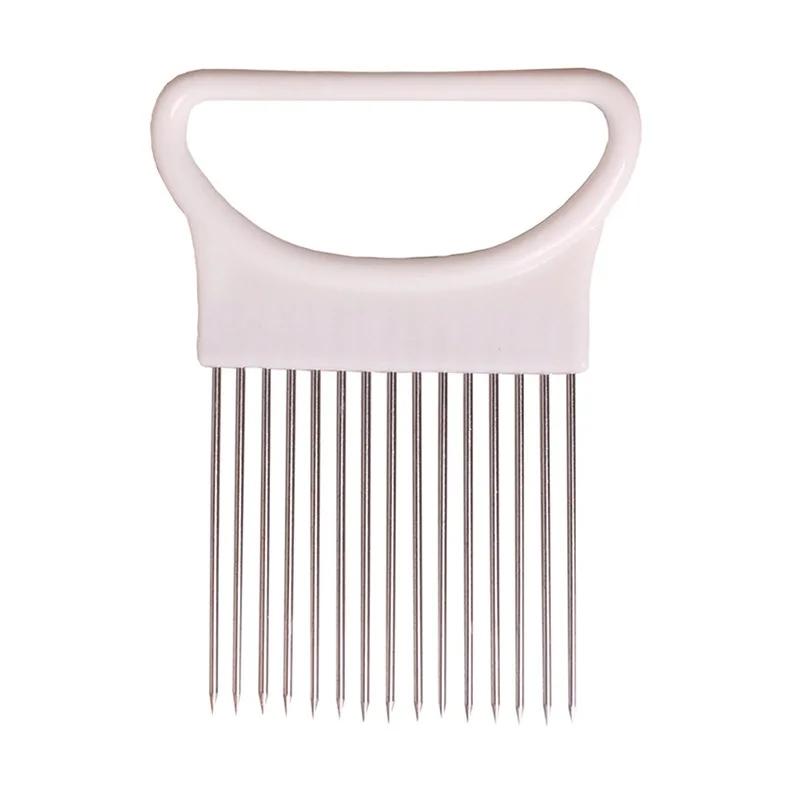 

1 шт., луковая игла из нержавеющей стали, луковая вилка, овощерезка для фруктов, резак для томатов, безопасный держатель, кухонные аксессуары, инструменты белый