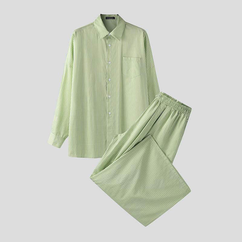 INCERUN Two Pieces Men Lapel Neck Long Sleeve Striped Shirt Long Wide Leg Pants Sets Outfits