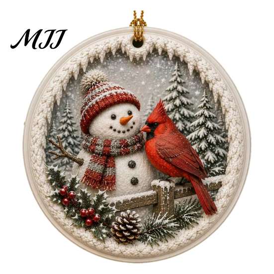 Snow Scene Xmas Decorations Acrylic Christmas Red Bird Ornament, Pattern Tree Hanging Ornaments Decor, Retro Round Pendant for Winter Holiday Party