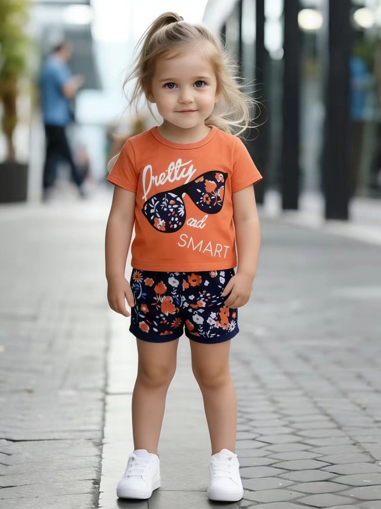 

Toddler Girls Cute Floral Sunglasses Print 2-Piece Outfit, Summer Orange Casual Clothes for Kids, Perfect for Playwear & Outdoor 1-2Y оранжевый