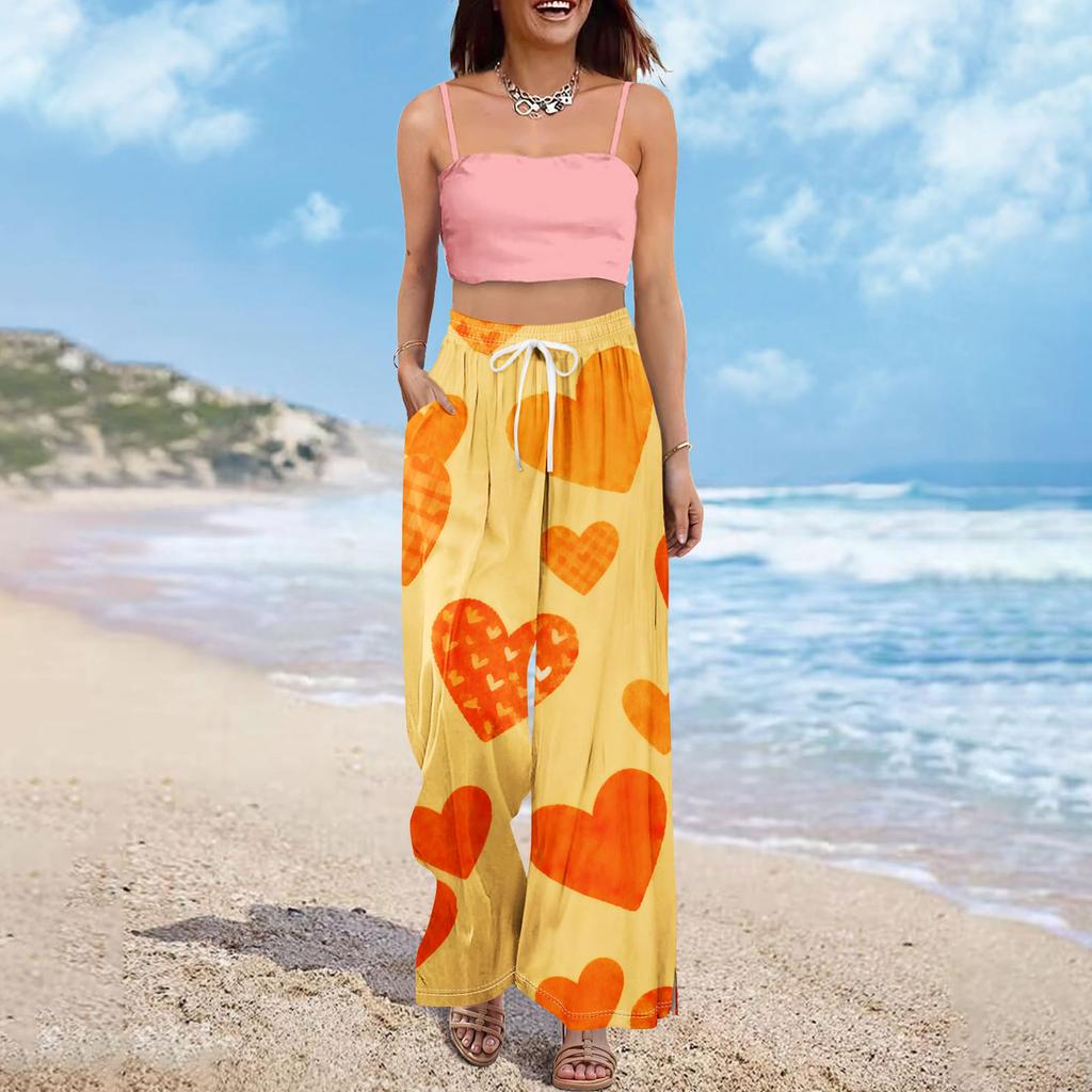 Damen Sommer Boho Palazzo Hose Hohe Taille Weites Bein Druck Freizeithose Mit Taschen