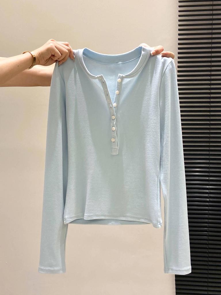 Women's BM-Style Button-Up Henley Long-Sleeve T-Shirt, Slim-Fit Stretchy Top with Imitation Cashmere Lining for Autumn/Winter/Spring