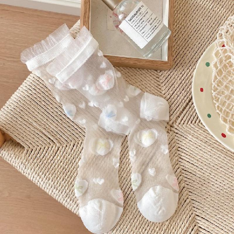 Ultra-thin Transparent Crystal Silk Socks Women Fashion Summer Harajuku Crew Socks Retro Flower Streetwear Elastic Long Socks