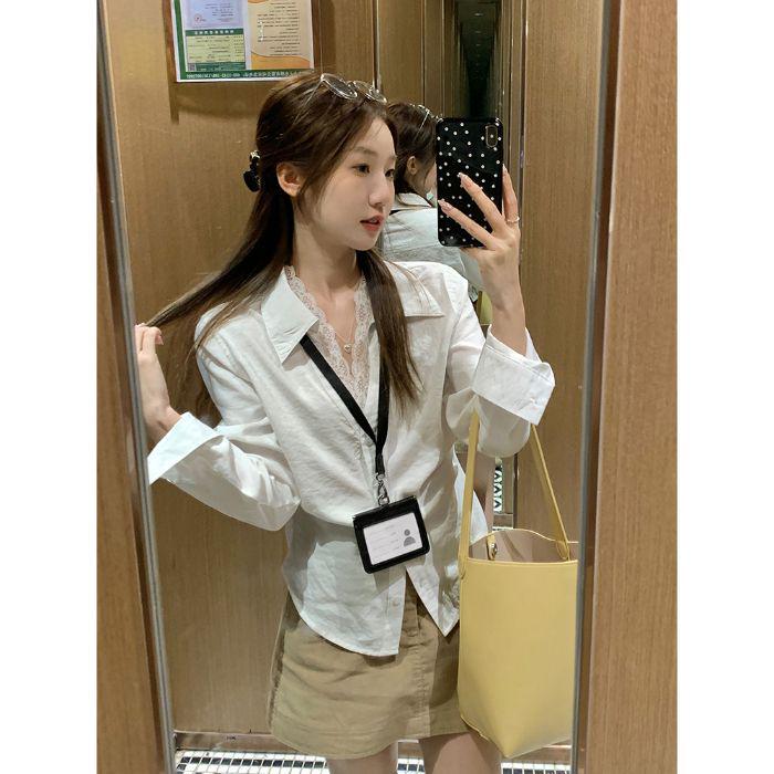 

Korean Style Lace Trim Peter Pan Collar Waist-Defining Long Sleeve Blouse XL белый