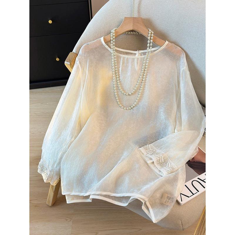 Women White Embroidered Cuff Round Neck Long Sleeve Sheer Chiffon Blouse M