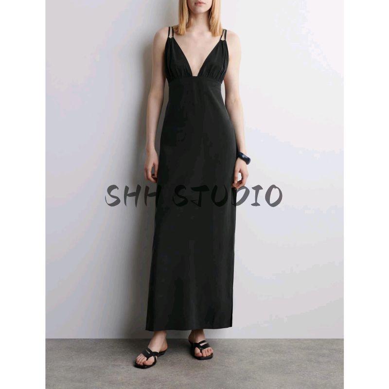 Summer New Product Women's Clothes French Fiber Blended Standard Edition Pleated V-neck Long Dress 1283852
