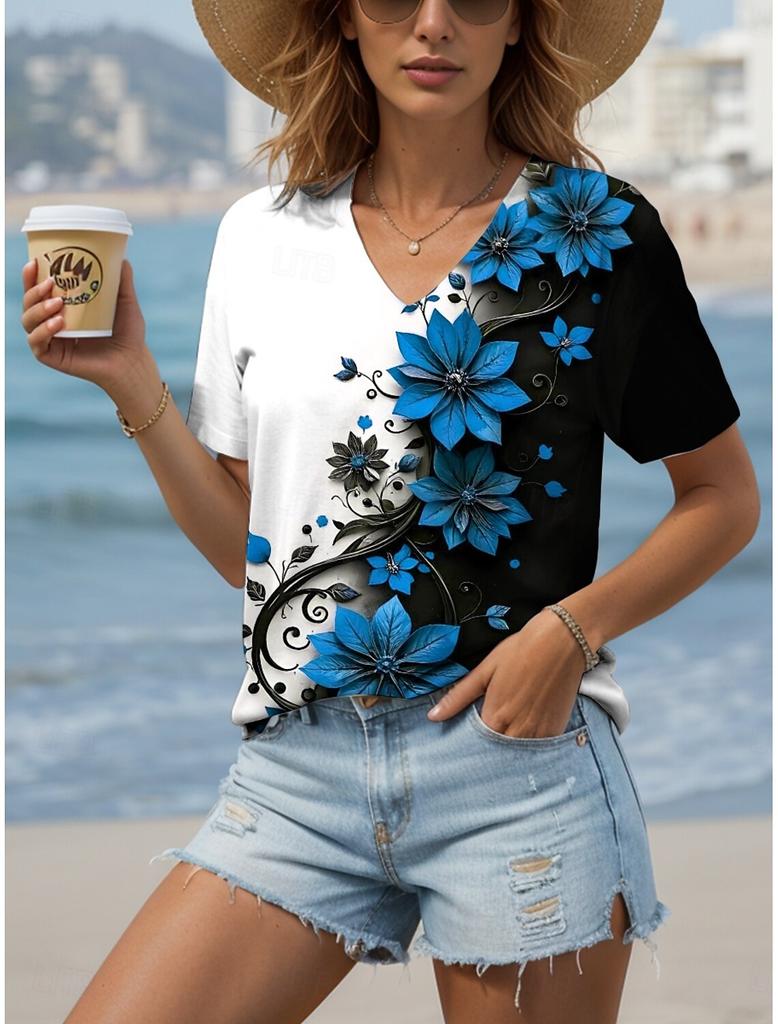 Dámské tričko Květinový grafický Vintage Stylové Moderní Krátký rukáv Výstřih do V Běžné topy Denní Potisk Červené Letní Ležérní tričko