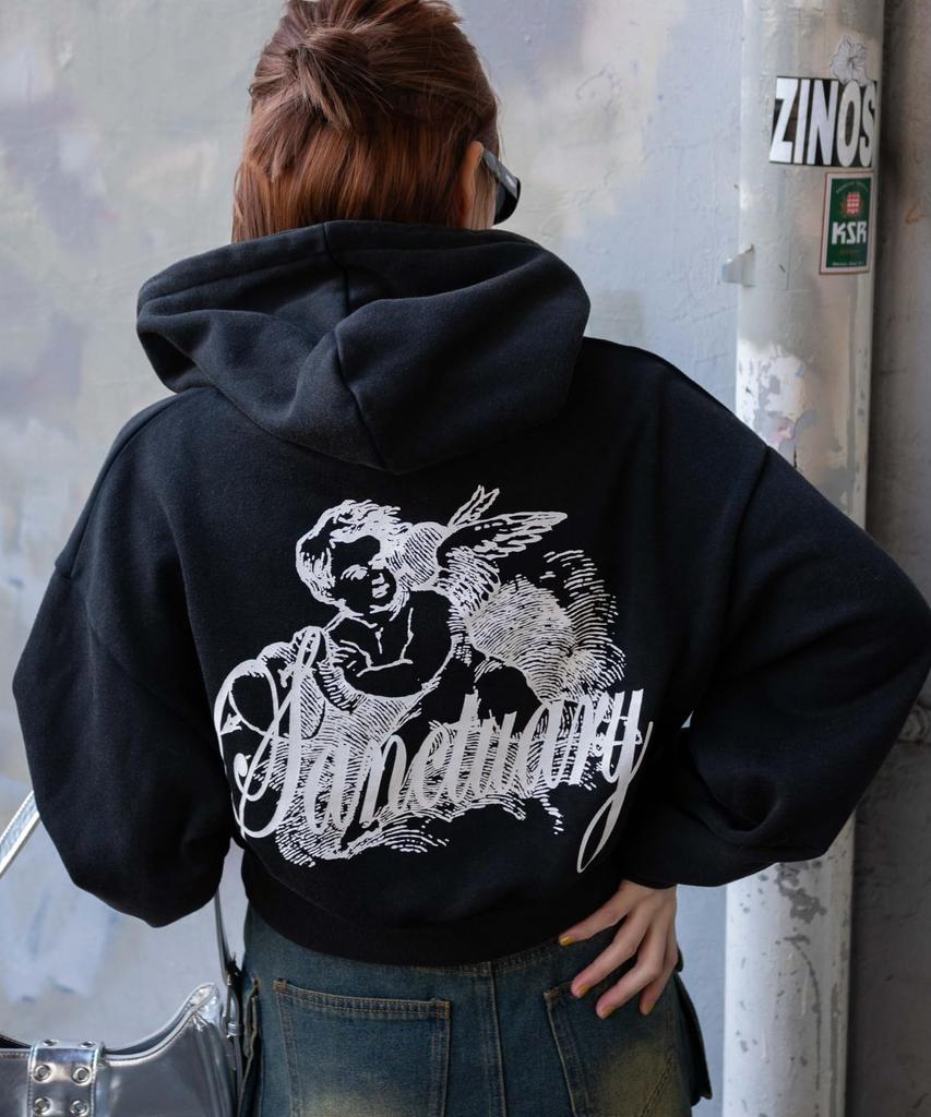 WEGO Angel Print Short Short Spring Korean Size Black Hoodie, Top, Sweatshirt, Length, Outfit, Streetwear, Girly, Style, Gift, Present, Spring,