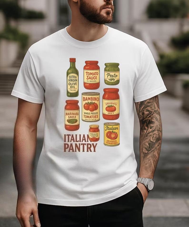 Mens Interesting Italian Vintage Pantry Food Gift New Summer Shortsleeved Roundneck Shirt Launched Cotton Printed Top Summer