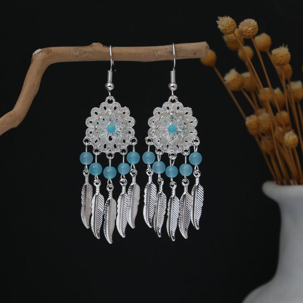 Personalized Bohemian Miao Silver Geometric Tassel Earrings
