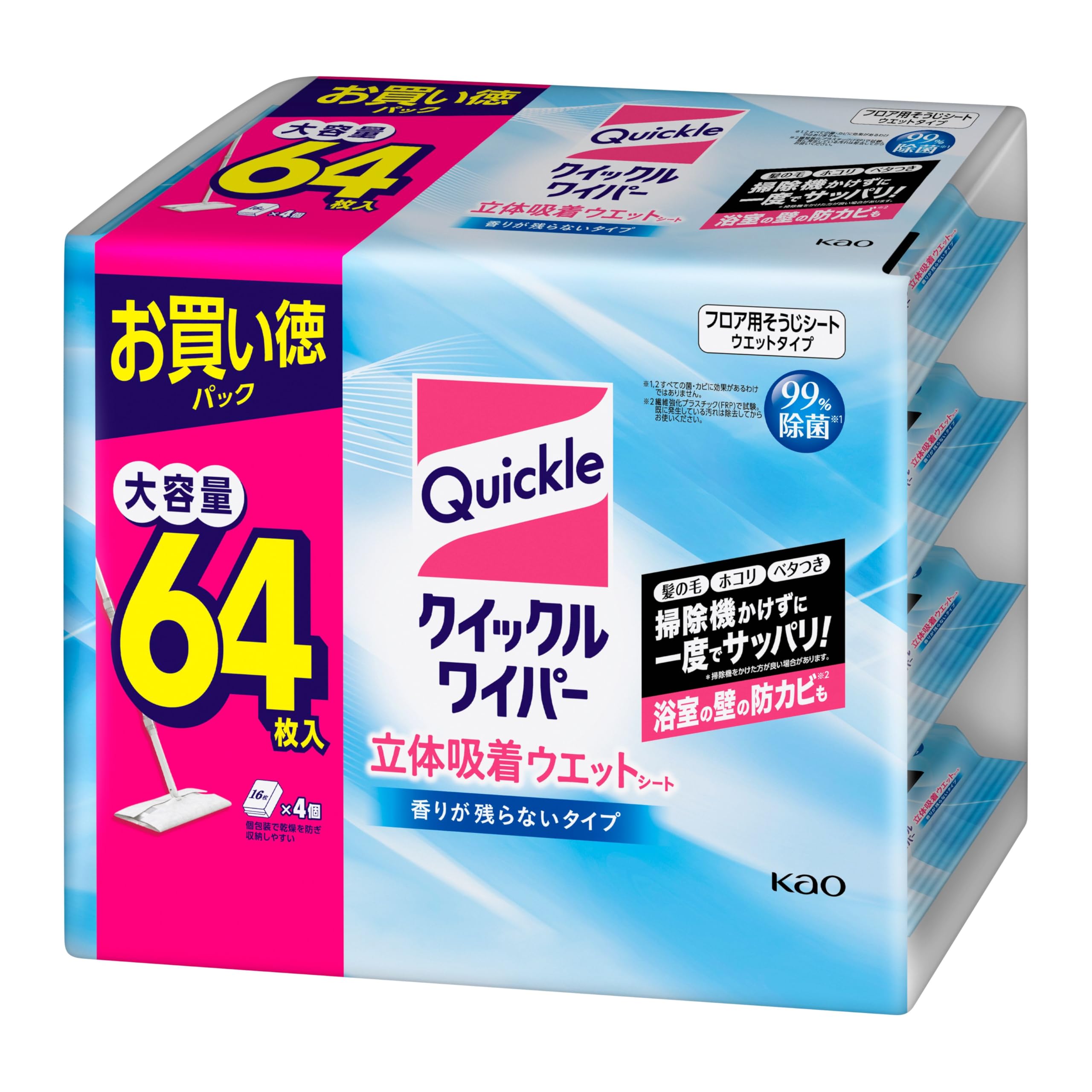 

Quickle Wiper 3D Адсорбция Влажное Освежение за Один Раз Без Разводов 64 Листа [Большая Упаковка] Листы, Пылесос, Аромат, Листы, синий