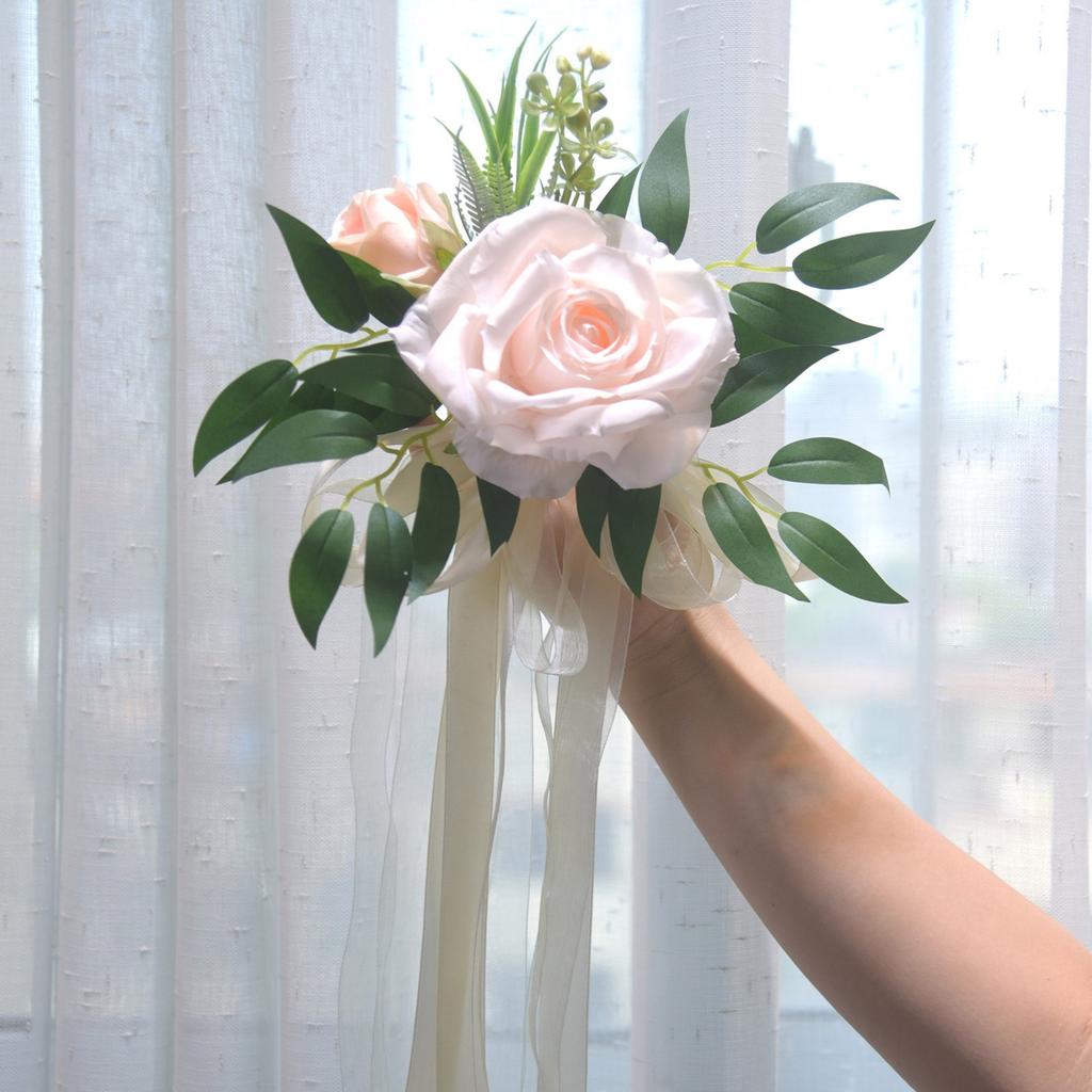 6 Stück elegante weiße künstliche Blumenstuhldekorationen, Bänke, Kirchenbänke, Blumen mit Bändern für Hochzeitsgang, Party-Versorgung