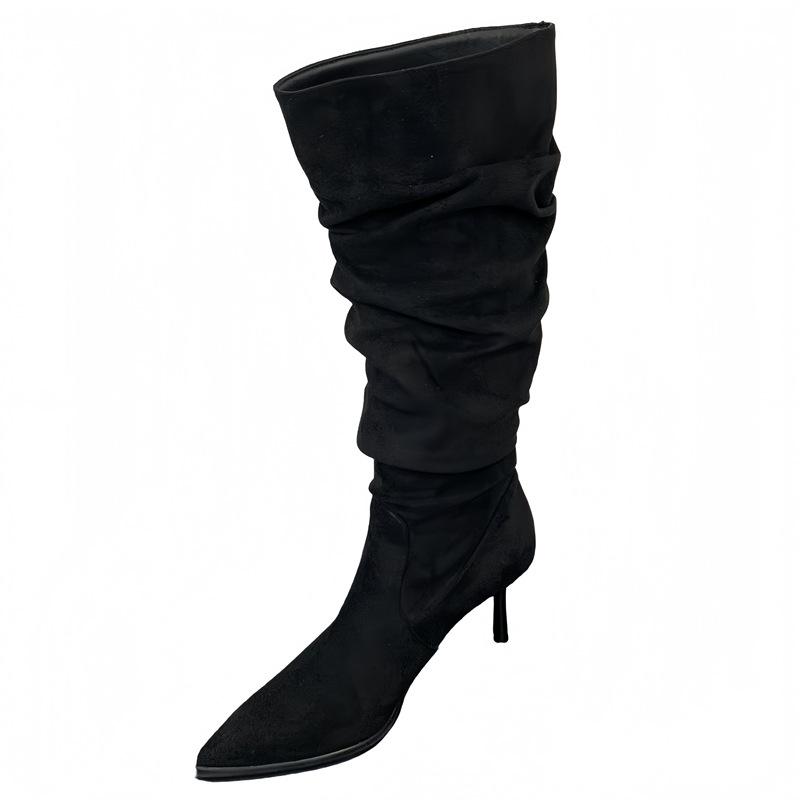 Retro Pointed Suede Thin Heel Thin Boots Women's Stacking Boots Belt Buckle Pleated High Heel Thin Boots