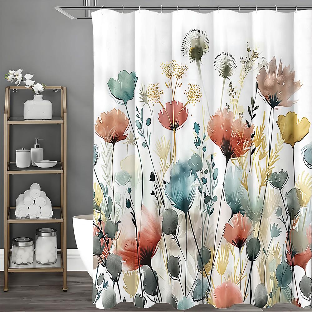 Κουρτίνα Μπάνιου με Υδατογραφία Λουλουδιών, Διακοσμητική Κουρτίνα Μπάνιου, Αδιάβροχη Κουρτίνα Μπάνιου με Άγκιστρα