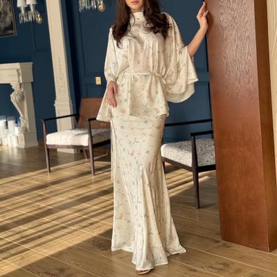 2025 Autumn Women's Batwing Sleeve Tie-Up Top & Floral Print Skirt Set