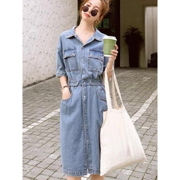 Elegant Denim Dress Women Summer Slim Waist French Style Tea Dress A Line Midi Petite Friendly