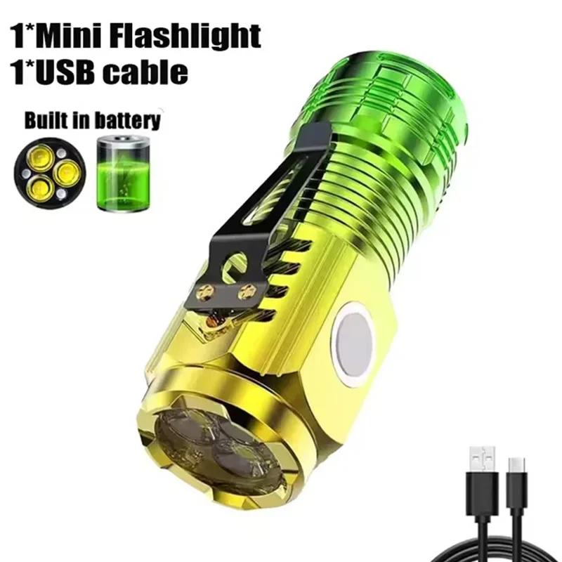 Powerful 3 Led Flashlight Mini Torch with Pocket Clip USB Rechargeable 5 Modes Flashlight Tail Magnet for Outdoor Camping Hiking