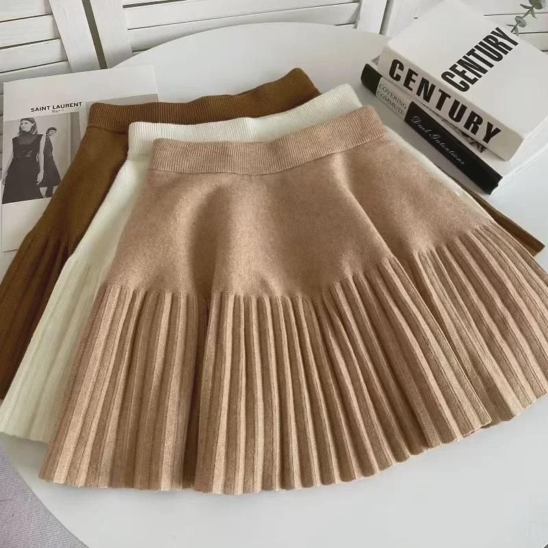 "2024 Autumn High-Waist A-Line Pleated Knit Skirt for Women"