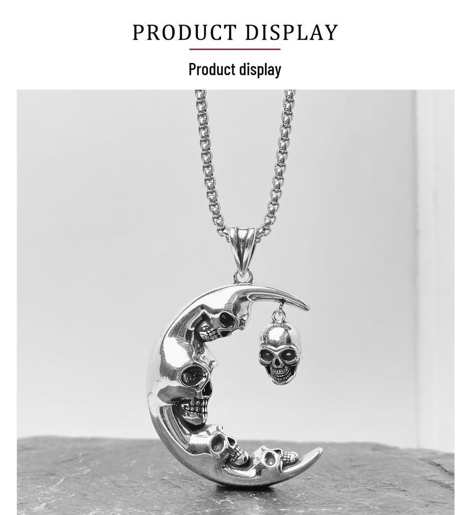 Xiwier Retro Gothic Moon Skull Necklace - Unique European & American Halloween Design