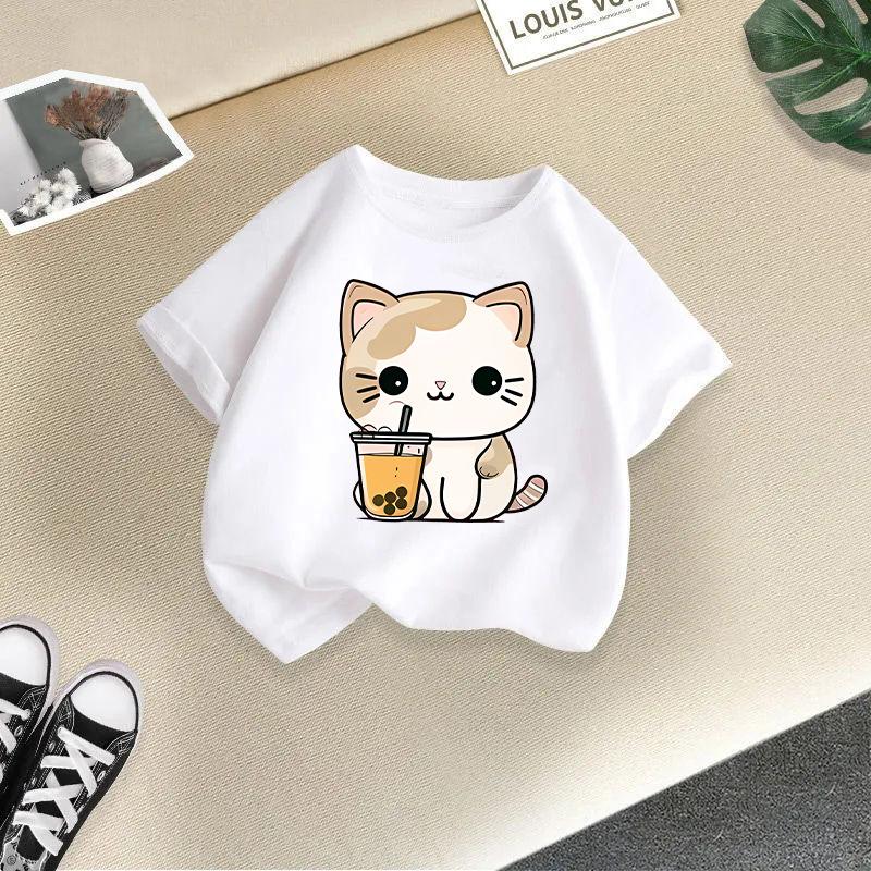 Children's Casual Short-sleeved T-shirt - Summer Boys' and Girls' Casual Cute Cat T-shirt