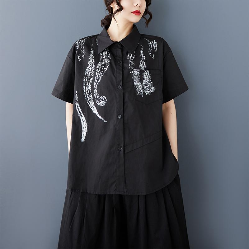 Dimanaf 2025 Plus Size New Summer Blouse Short Sleeve Vintage Printing Casual Women Loose Tops Buttons Shirts