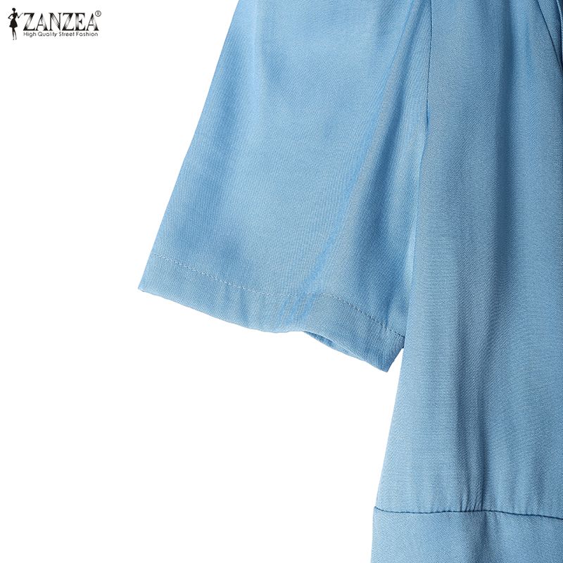 ZANZEA Women Casual Turn Down Collar Short Sleeve Elegant Long Dress