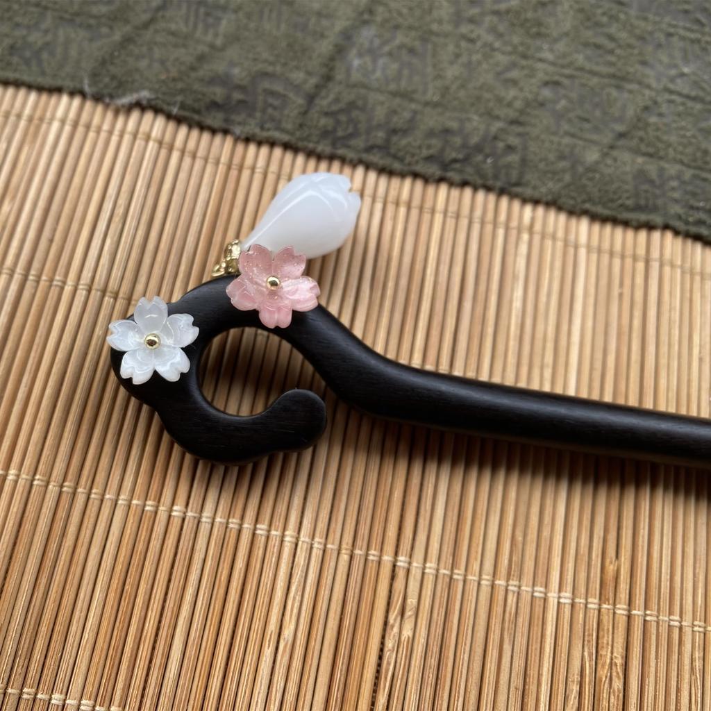 YDOONG Natural Ebony Wood Kanzashi (Handmade Single Hairpin) Simple Wooden Hair Ornament with Zodiac Signs: Auspicious Rabbit, Lucky Grass,