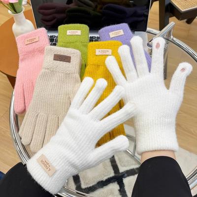 Korean Knitted Wool Gloves Women's Winter Cold Protection Thickened Velvet Candy Color Cycling Bare Fingers Five Fingers