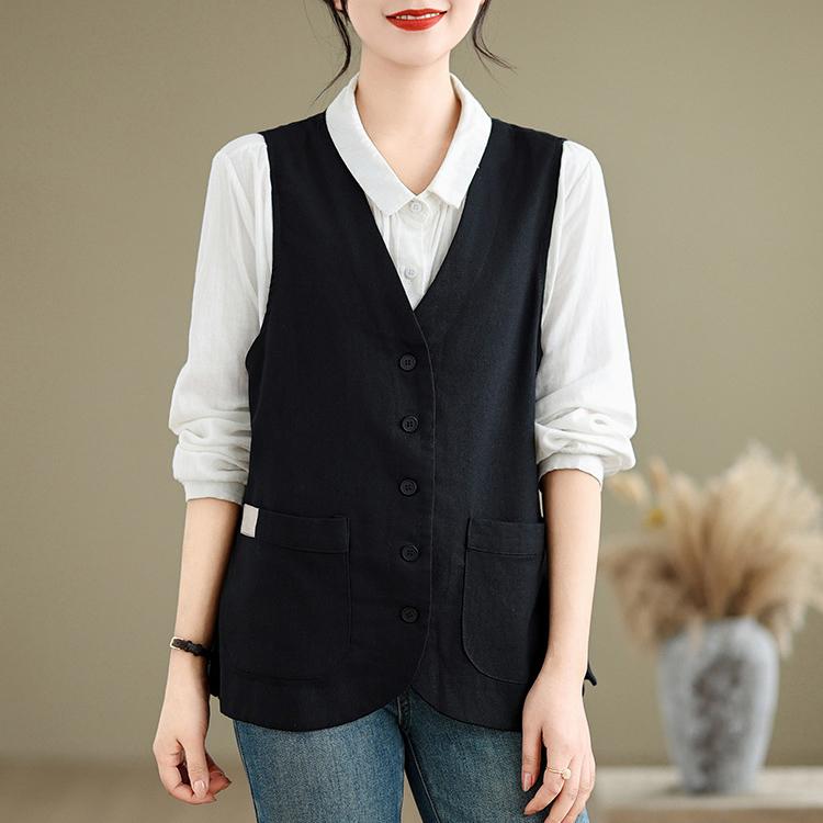 

Летний литературный и художественный свободный однотонный жилет из хлопка и льна большого размера XXL чёрный