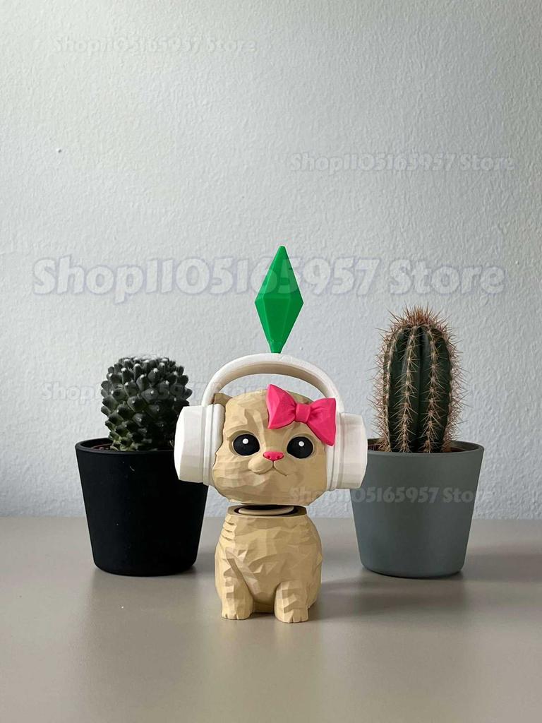 3D Printed Sim-S Cat Figurine With Headphones & Plumbob Decor-Cute Geometric Kitten Statue,Home Desk Decor,Kawaii Accents Gift