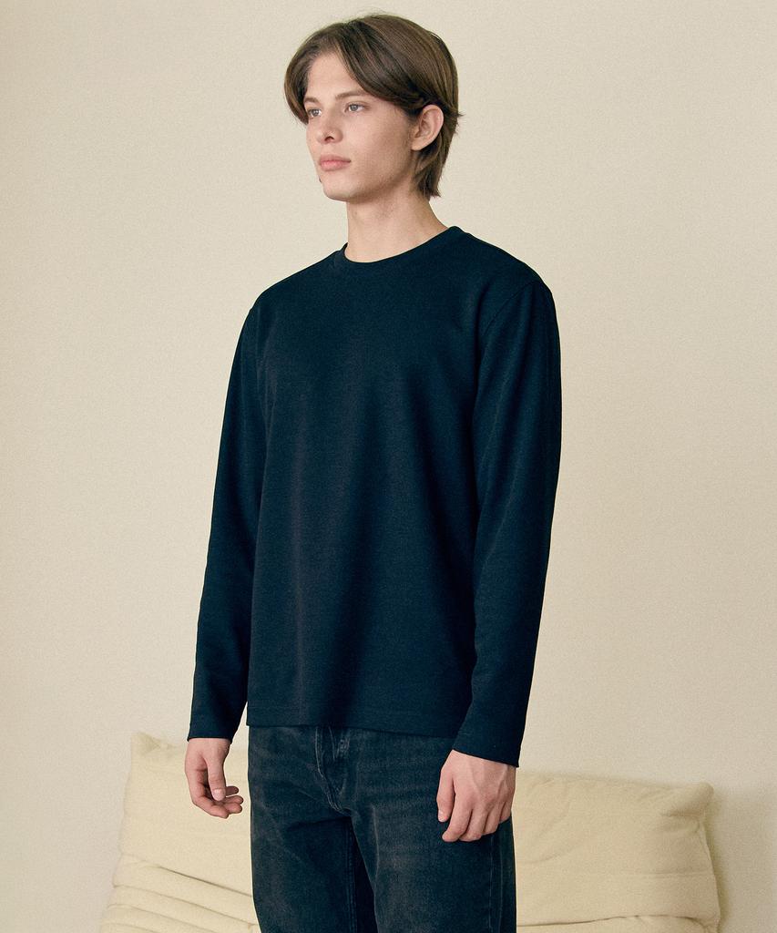 BASIC HOUSE Knit-Like Round Neck Long Sleeve T-Shirt Black Lzts6105