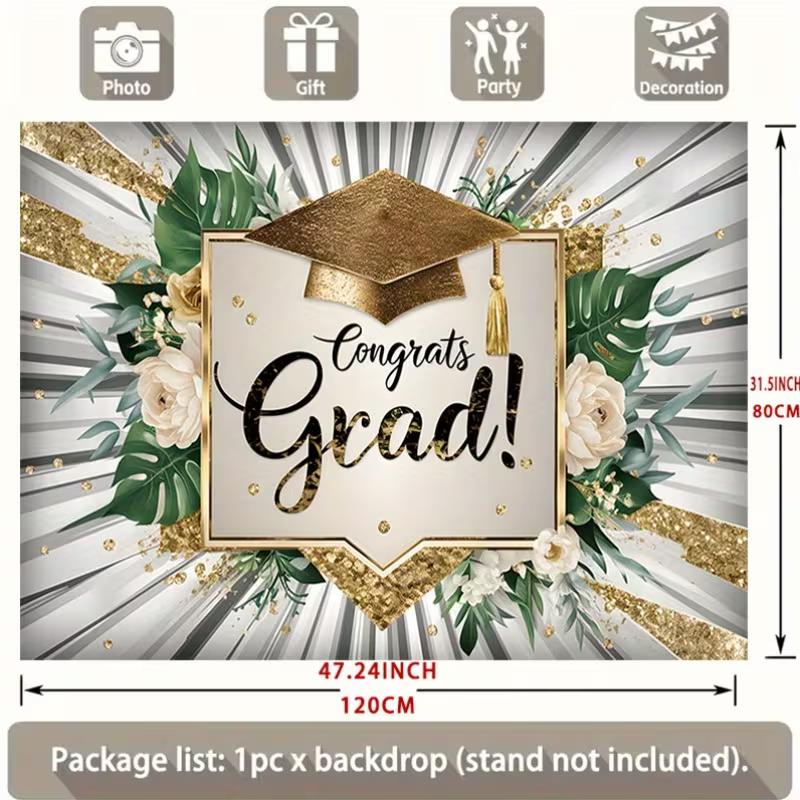 Elegant Gold Glitter Grad Backdrop, 150x130cm Greenery White Roses Grad Cap Tapestry for Grad Party Decor
