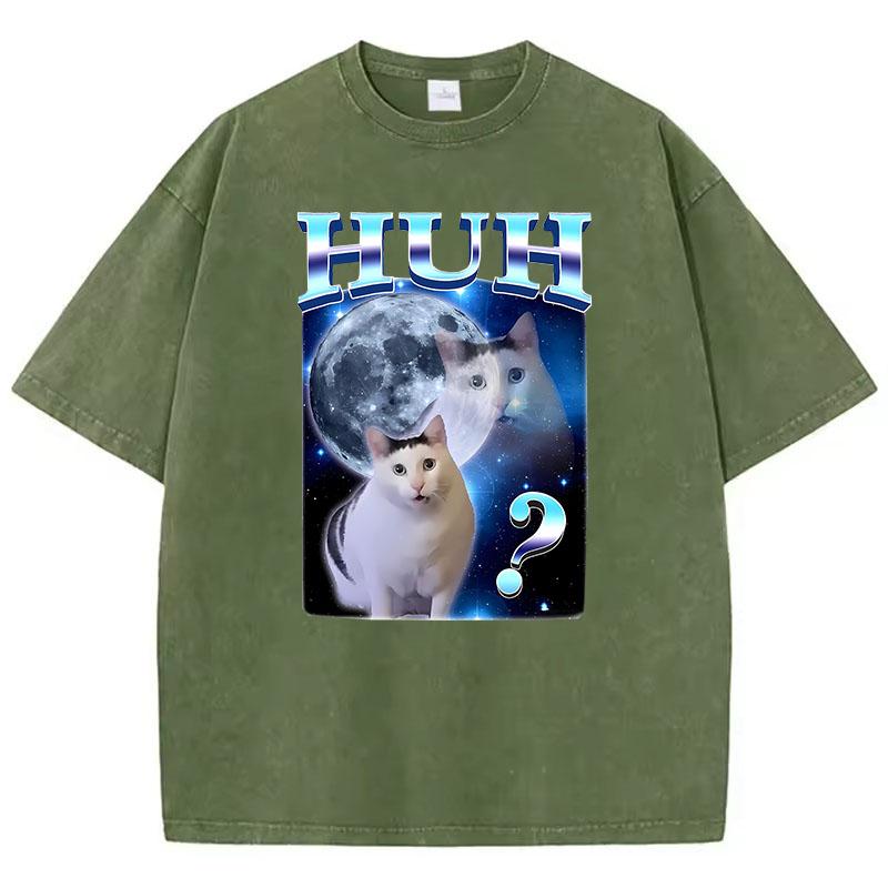 Cat Saying Huh Harajuku T Shirt Vintage Washed Cotton T-Shirt Graphic Tee Casual Streetwear Spring Summer Fall
